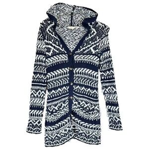 Lucky Brand Women's Hooded Cardigan Navy White Button Up Sweater Cotton Blend XS